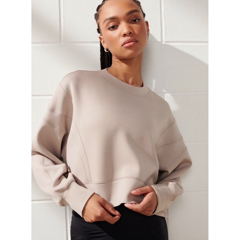 YPB neoKNIT Mini Crew Sweatshirt Taupe Beige Womens XL Cropped Pullover Active